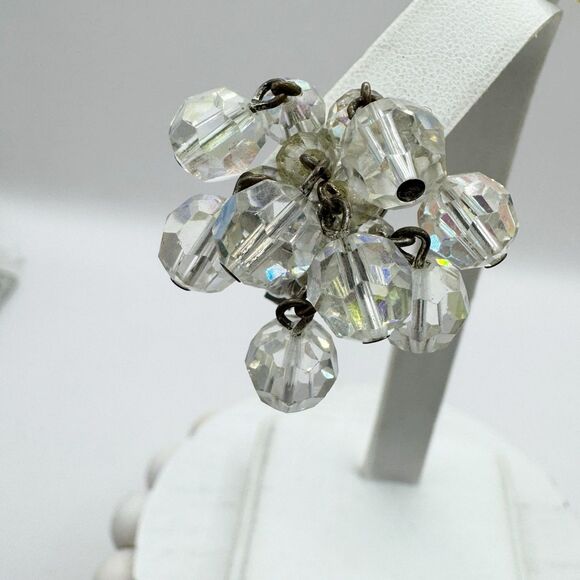Vintage MCM Aurora Borealis AB Faceted Crytal Cluster Cha Cha Clip On Earrings - Picture 3 of 14